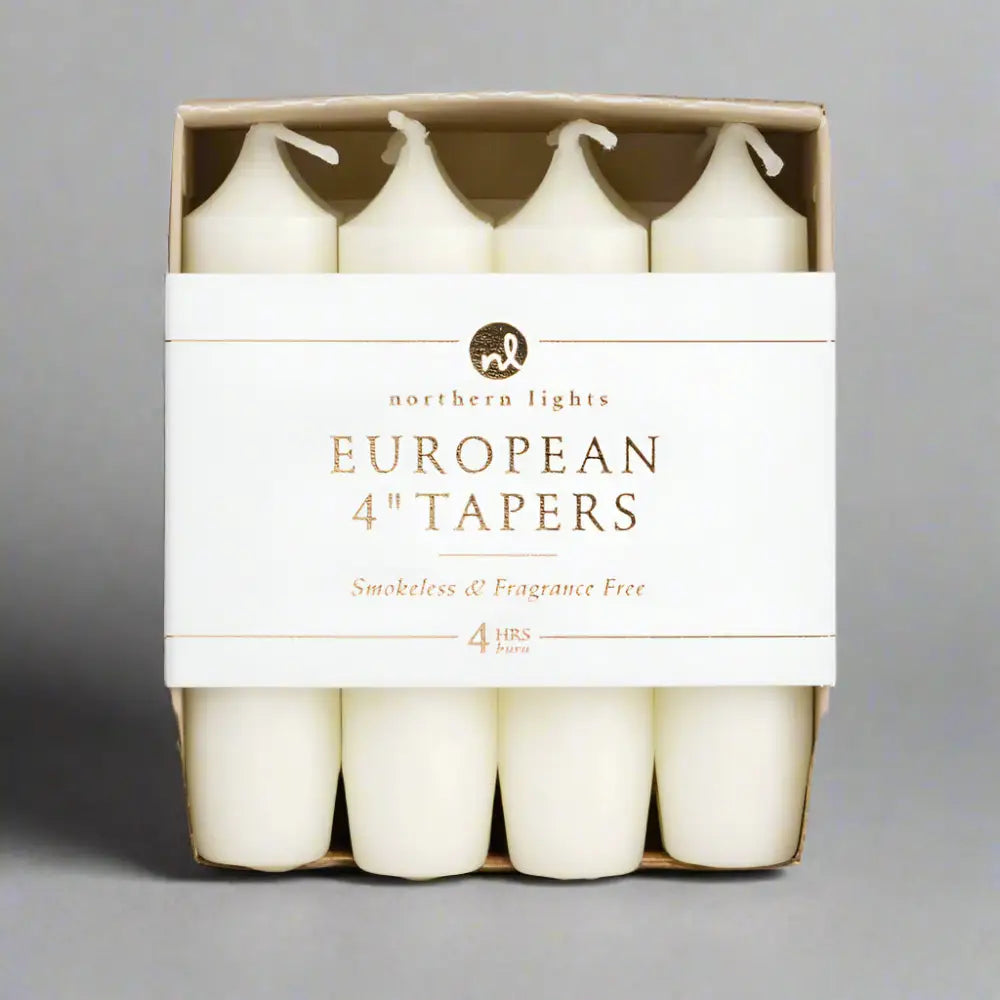 4’’ Taper Candles 8pk in box with label on white background