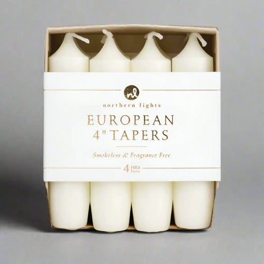 4’’ Taper Candles 8pk in box with label on white background