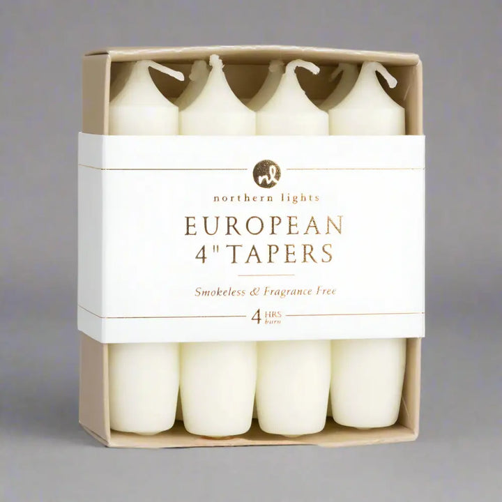 Cream-colored 4-inch European taper candles in 8-pack, great for standard taper holders