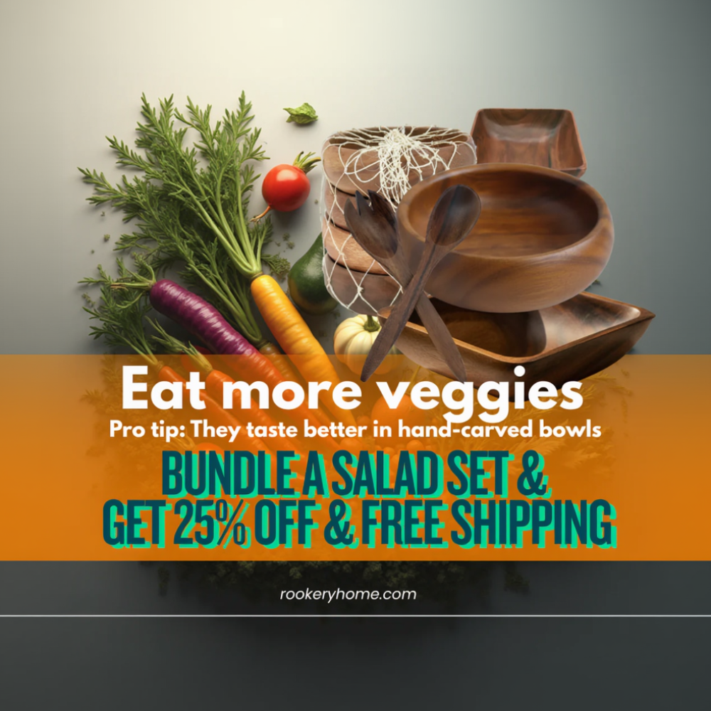 Wooden salad set with vegetables and promotional text overlay on a gradient background