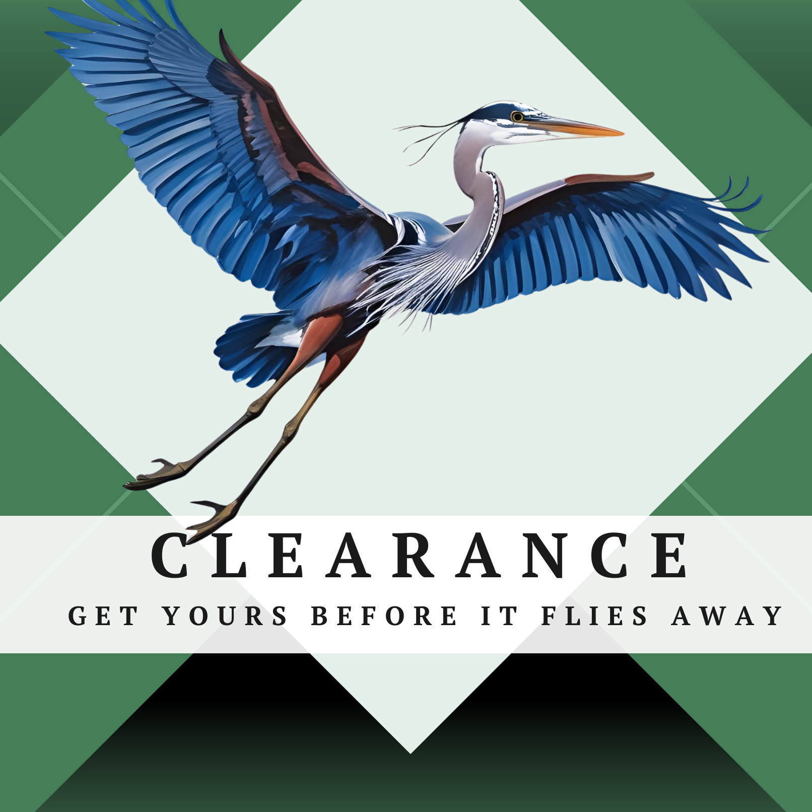 Clearance sale advertisement with a heron illustration on a green and white background
