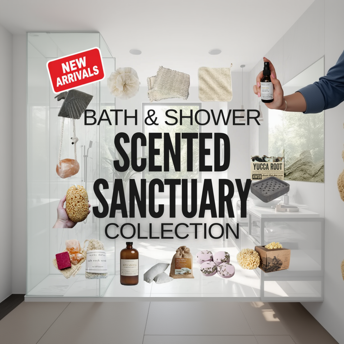 Promotional image of bath and shower products with 'Bath & Shower Scented Sanctuary Collection' text.