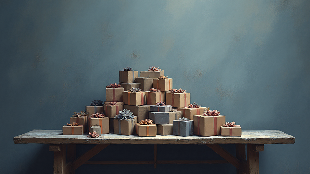 Pyramid of gift boxes on a wooden table against a textured gray wall.