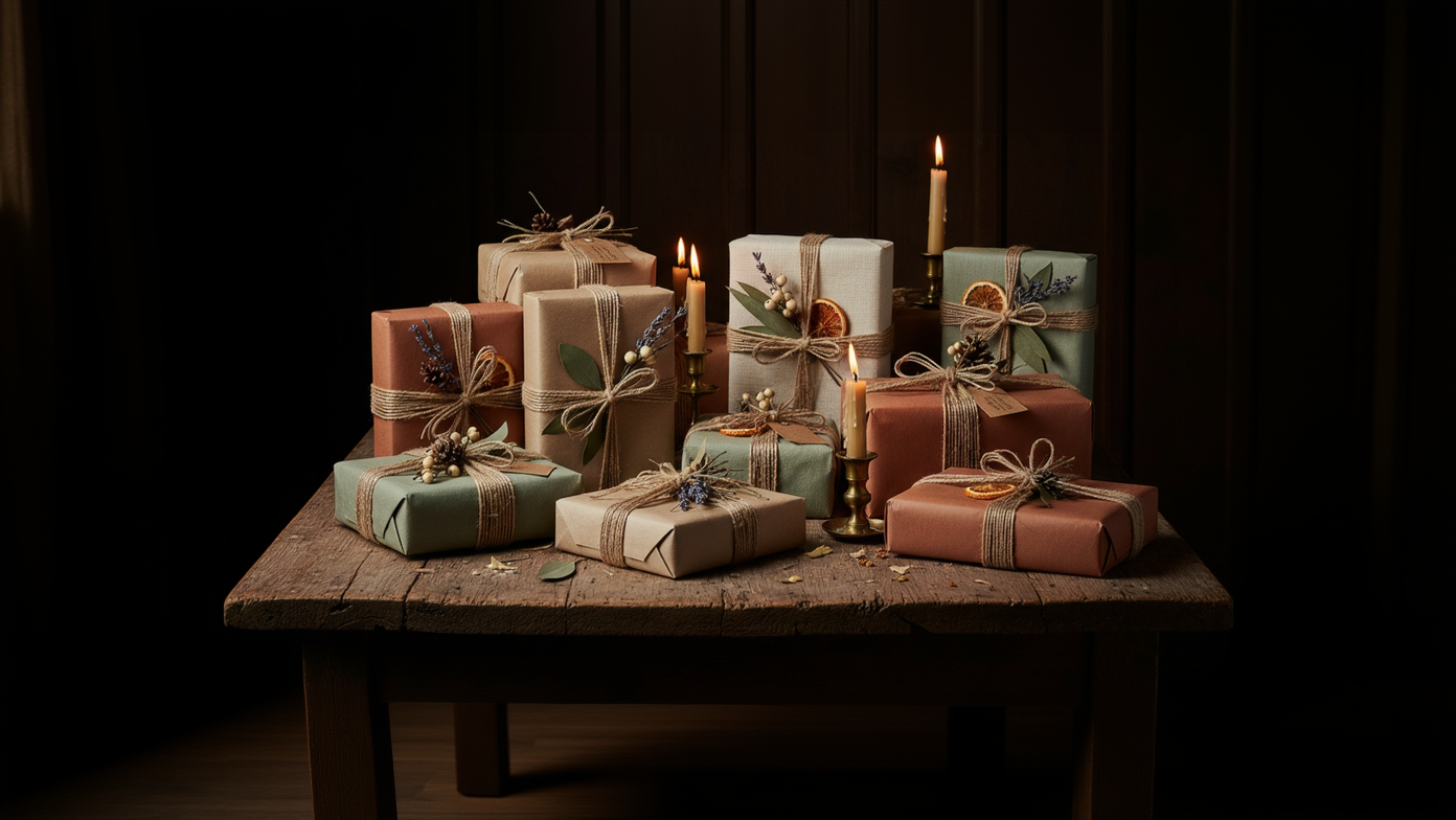 Decorative gift boxes with ribbons and candles on a wooden table against a dark background