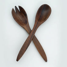 Dark brown acacia server set with spoon and fork, 13 inches long