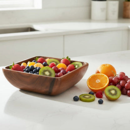 Handcrafted Acacia Square Salad Bowl with warm brown wood grain