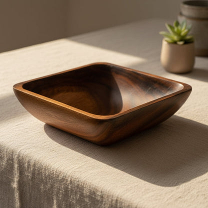 Handcrafted Acacia Square Salad Bowl with rich wood grain