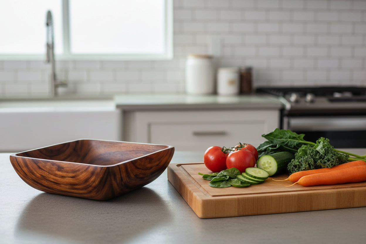 Handcrafted Acacia Square Salad Bowl with dark wood grain