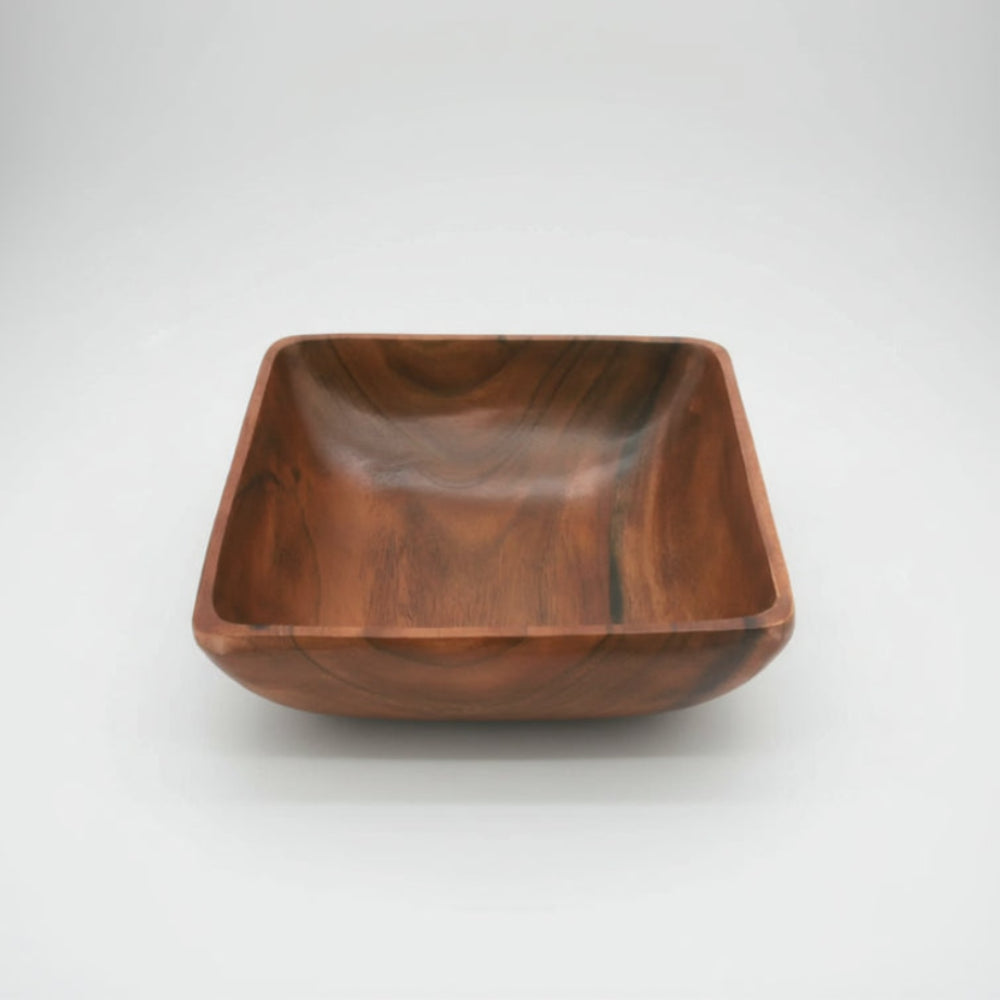 Handcrafted Acacia Square Server Bowl with warm brown wood grain