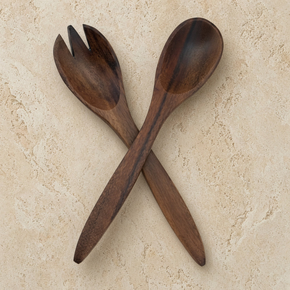 Dark brown acacia wood server set of 2 with a generously sized spoon and fork 13 inches long and polished finish