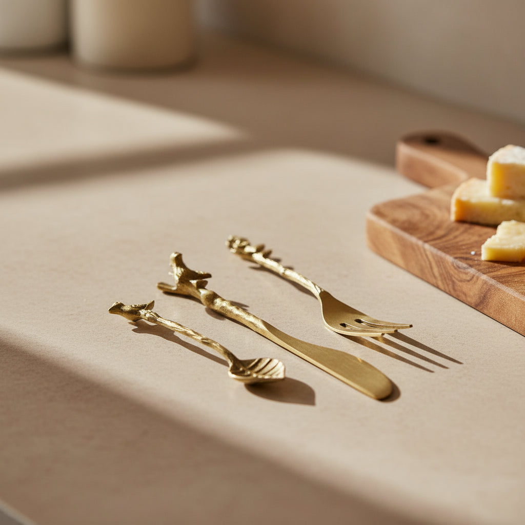 Adavi Brass Mini Serving Utensils with gold floral pattern