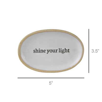Handcrafted Shine Your Light affirmation tray, white ceramic oval dish