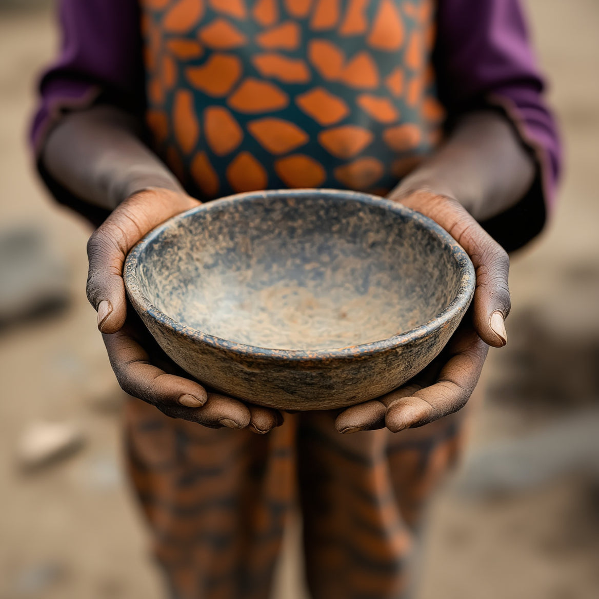 Person holding a rustic clay bowl with a blurred natural background