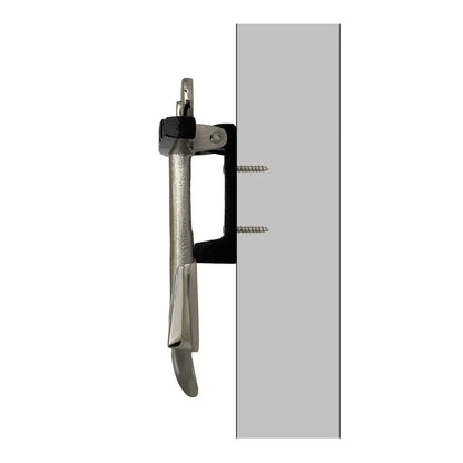 Metal door handle with lock mechanism on a white background