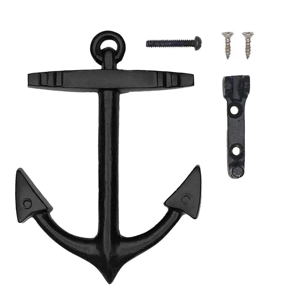 Black anchor with mounting hardware on a white background