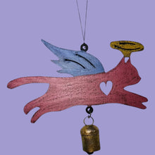 Pink cat metal wind chime with blue wings, yellow halo, heart cutout, gold bell