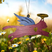 Painted recycled metal wind chimes angel cat with blue wings and pink heart body