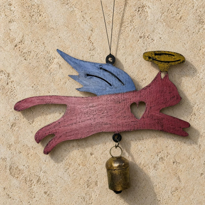Painted angel cat bell chime ornament with blue wings yellow halo heart cutout and rust patina bell hanging from string