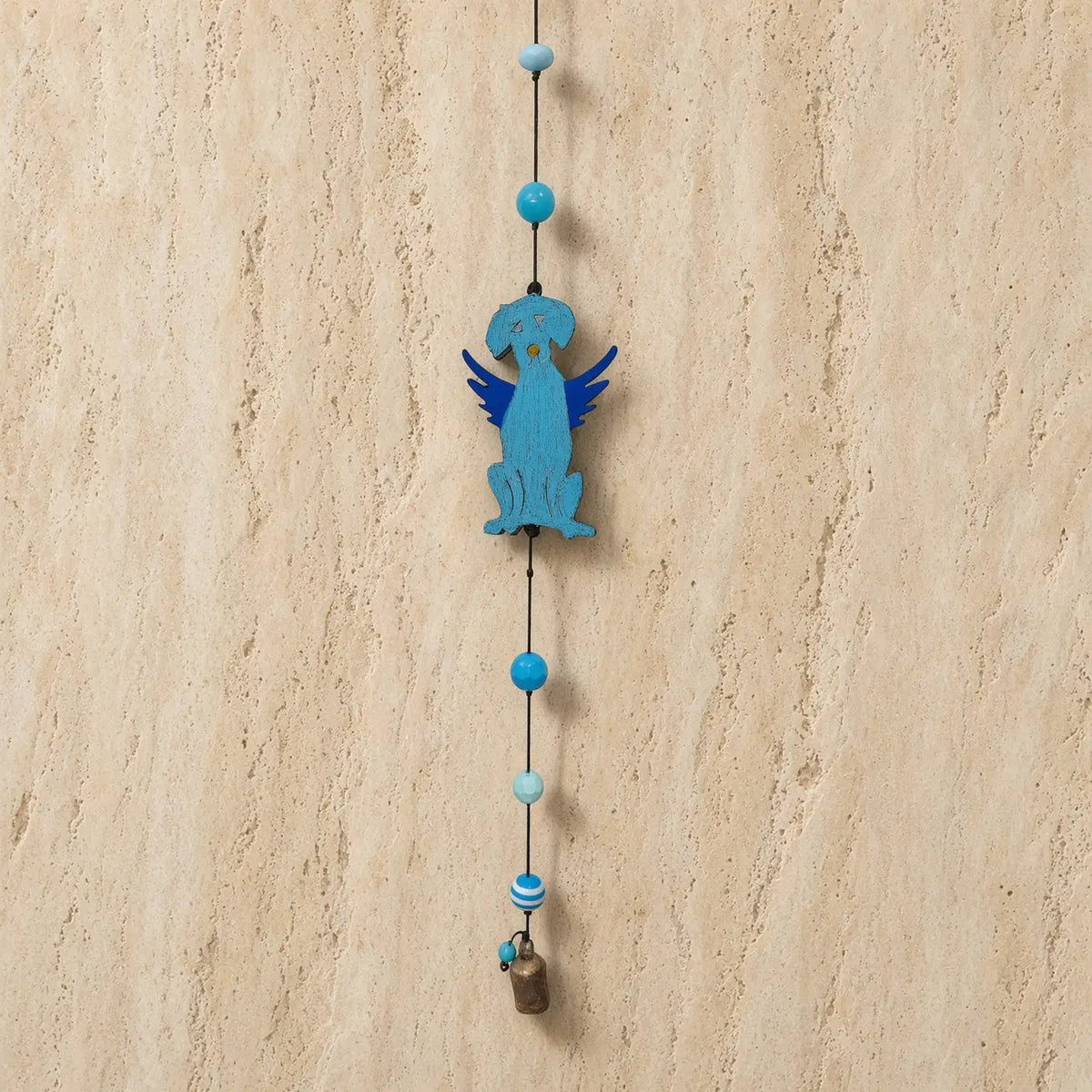 Blue wooden angel dog long wind chime with hand-painted details and turquoise light blue beads