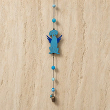 Blue wooden angel dog long wind chime with hand-painted details and turquoise light blue beads