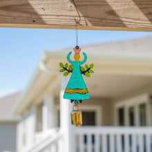 Turquoise handmade angel wind chime with leafy wings and gold bell