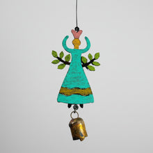 Turquoise handmade angel wind chime with leafy arms and gold dress
