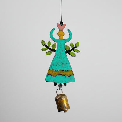 Turquoise handmade angel wind chime with leafy arms and gold dress