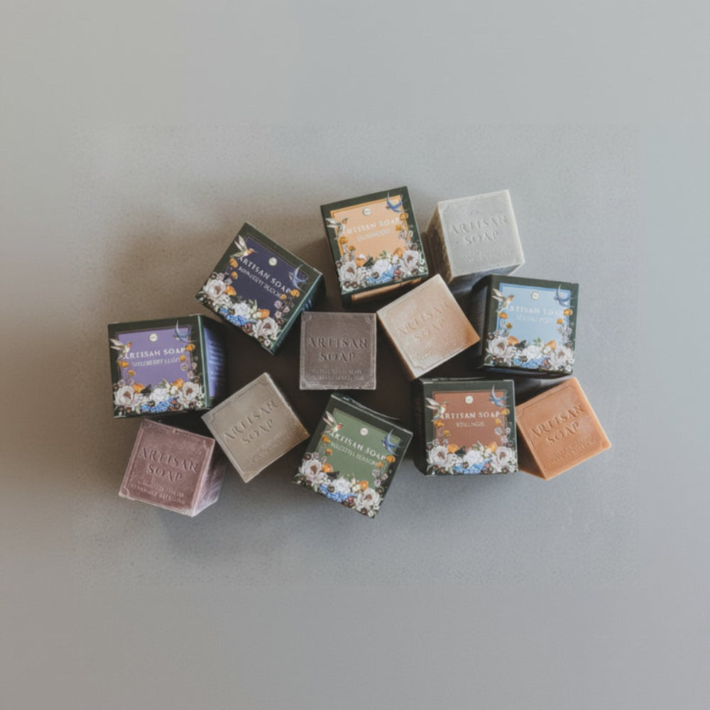 Handmade Artisan Soap Duskwood bars in floral bird boxes, earthy tones