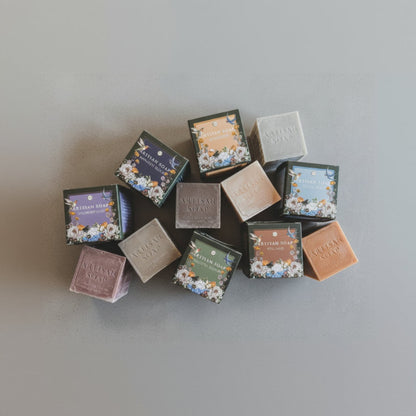 Handmade Artisan Soap Duskwood bars in floral bird boxes, earthy tones