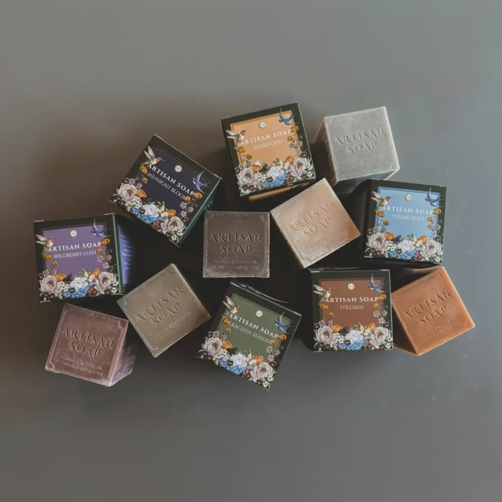 Handmade Artisan Soap Graceful Seasons in floral bird boxes, earthy tones