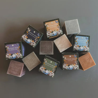 Handmade Artisan Soap Stillness bars in floral bird boxes, earthy tones