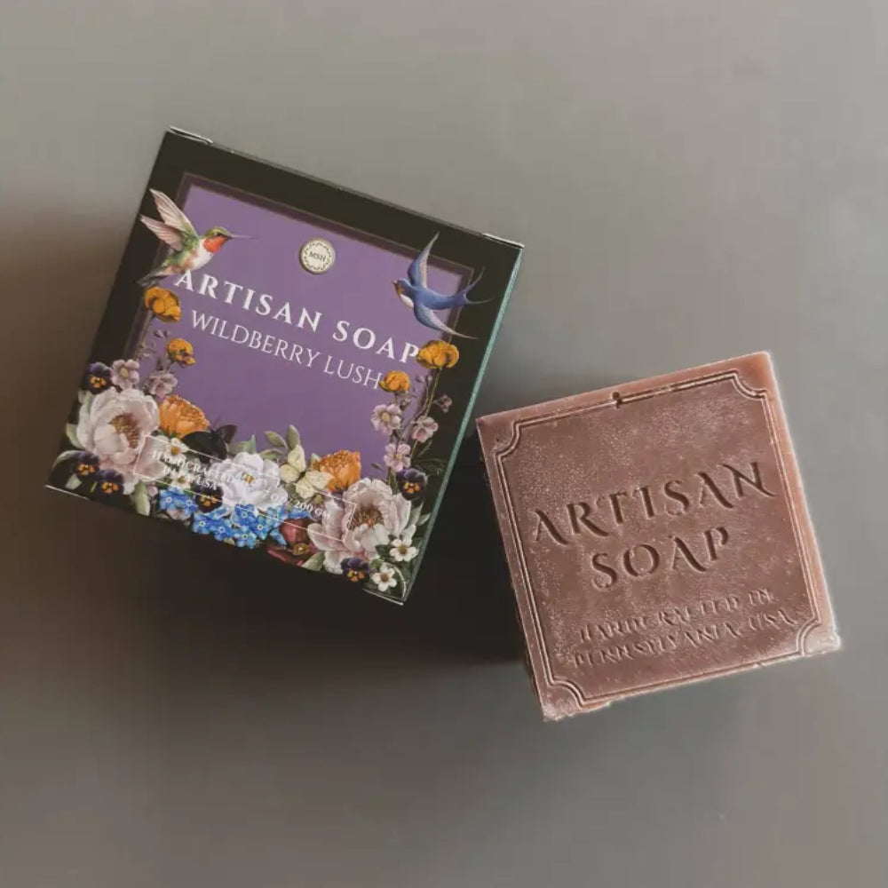 Handmade Wildberry Lush artisan soap bar in rose-gold matte with vintage embossed design
