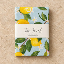 Artisan tea towel with watercolor lemons delicate blossoms on light blue pre-washed flour sack cotton fabric