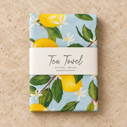 Artisan tea towel with watercolor lemons delicate blossoms on light blue pre-washed flour sack cotton fabric
