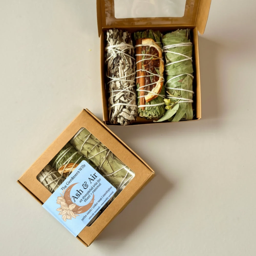 Ash & Air ritual kit: 3 hand-rolled cedar sage smudge sticks with orange slices in kraft box