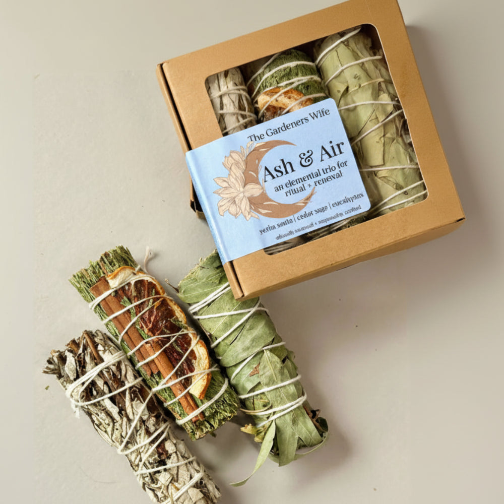 Ash & Air ritual kit with three hand-wrapped yerba santa, cedar sage smudge sticks