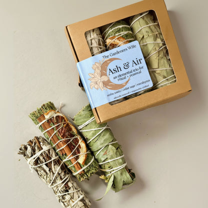 Ash & Air ritual kit with three hand-wrapped yerba santa, cedar sage smudge sticks