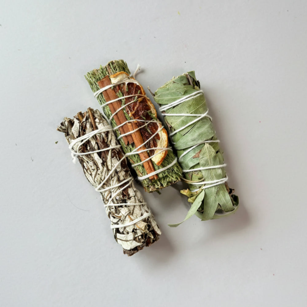 Ash & Air ritual kit: 3 hand-wrapped smudge sticks with sage, yerba santa, cedar