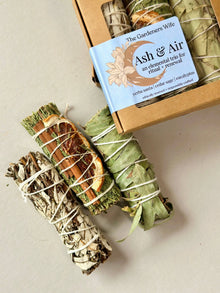 Ash & Air ritual kit with three hand-wrapped yerba santa, cedar sage smudge sticks
