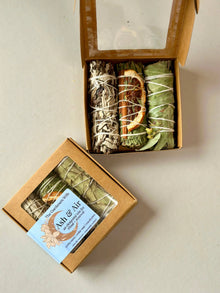 Ash & Air ritual kit: 3 hand-rolled cedar sage smudge sticks with orange slices in kraft box