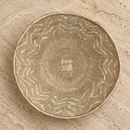 Authentic binga basket wall decor in beige handwoven with intricate geometric patterns and central woven square