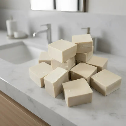 Authentic Turkish Black Clay Soap beige square bars on marble