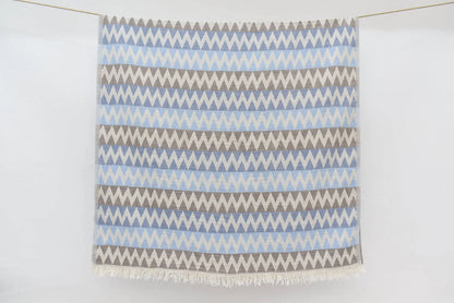 Organic turkish towel beach towel with light blue gray and white stripes and fringed edges 36x78 rectangular woven throw