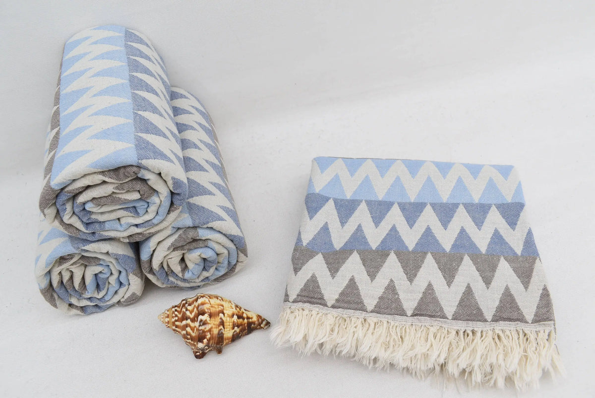 Light blue and gray zigzag patterned organic turkish towel with cream fringe perfect beach towel 36x78