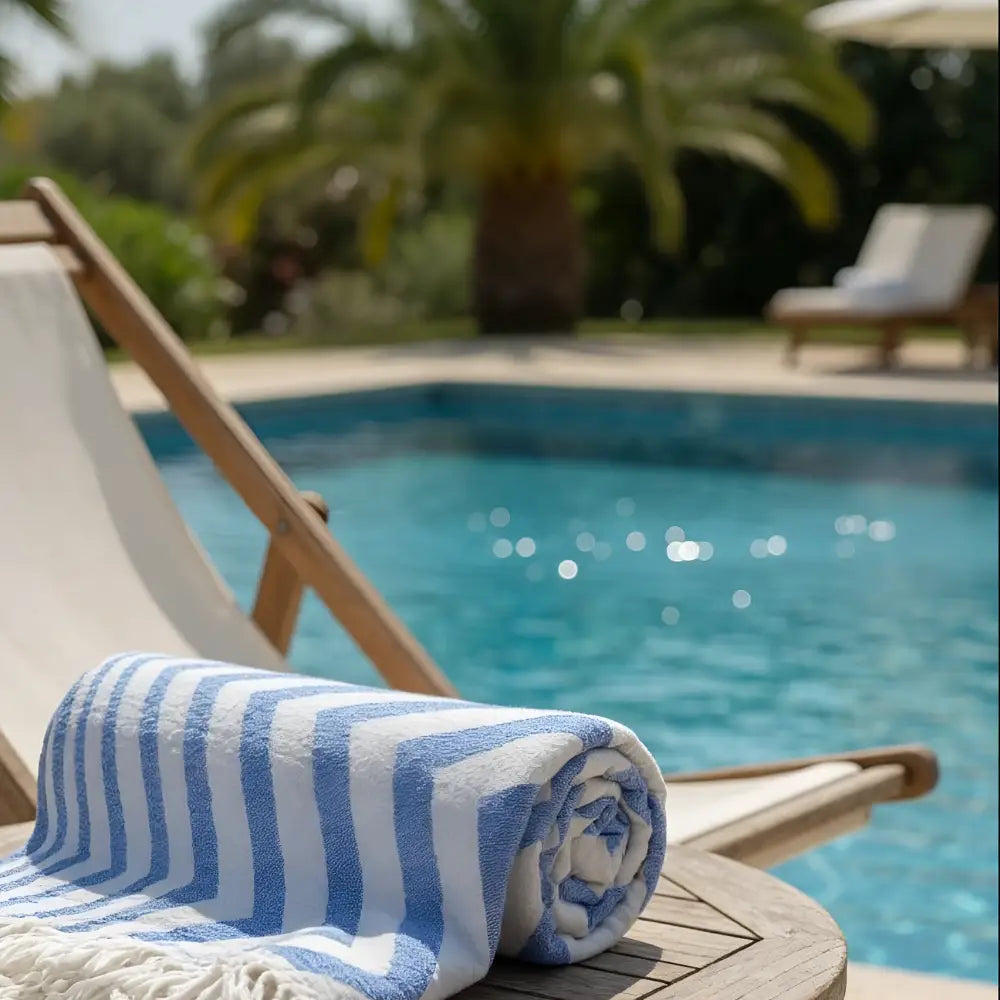 Authentic turkish organic cotton beach towel in blue zigzag rolled on wooden lounge chair by pool