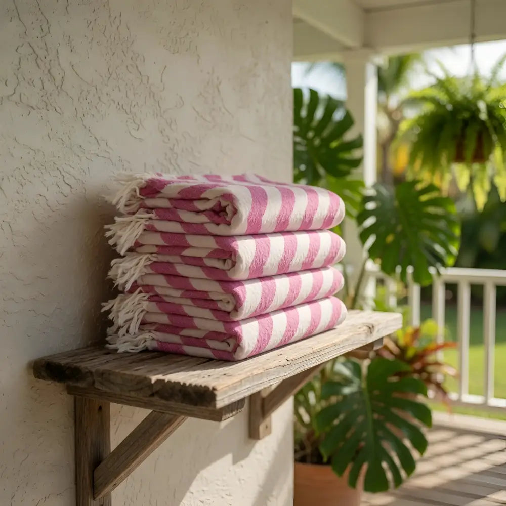 Stack of authentic turkish organic cotton beach towels in pink zigzag stripes with fringed edges on wooden shelf