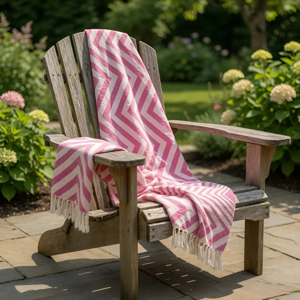 Pink and white chevron authentic turkish organic cotton beach towel with fringed edges draped on wooden adirondack chair