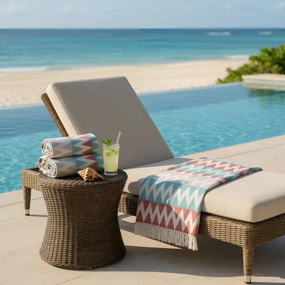 Beige cushioned lounge chair with woven wicker frame draped in authentic turkish organic cotton beach towel turquoise clay zigzag