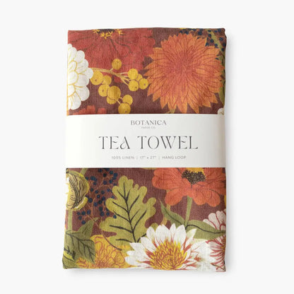 Autumn 100% Linen Tea Towel with Botanica Floral Leaves