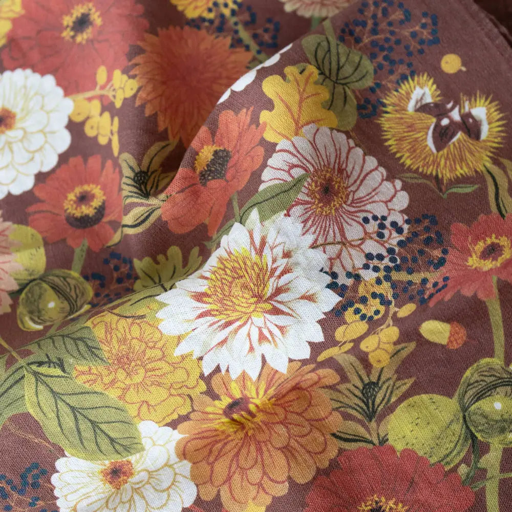 Autumn 100% Linen Tea Towel with vibrant floral pattern